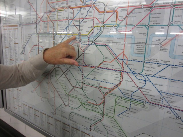 Bev indicating where we should alight to find the makers of Nelson’s hat. 