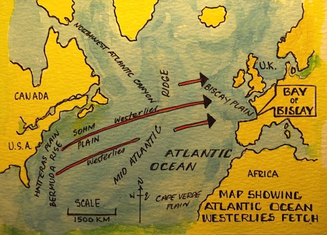 The westerlies that sometimes pound the Bay of Biscay emanate thousands of kilometres away off the coast of America and Canada.. 
