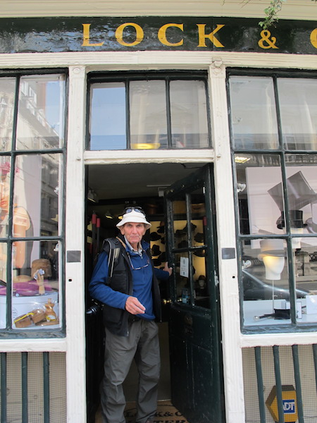 Coming out of the Lock and Co shop. Note my giggle hat, not the sort of item stocked by such a refined provider of hats. 