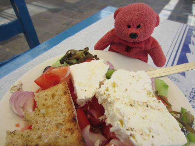 A memory of TBear, eyeing a Greek salad on the island of Kythera in 2014. 