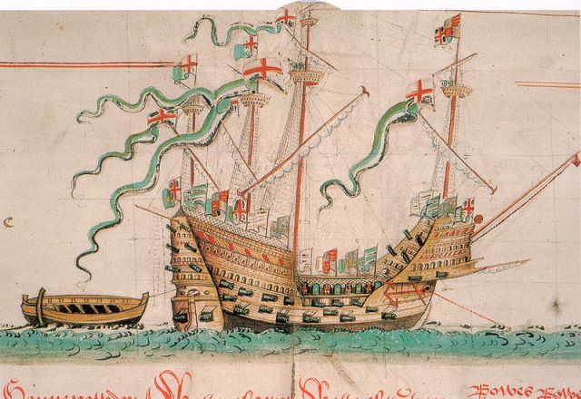 The Mary Rose as depicted in the Anthony Roll. The image has been identified as being free of known restrictions under copyright law. 