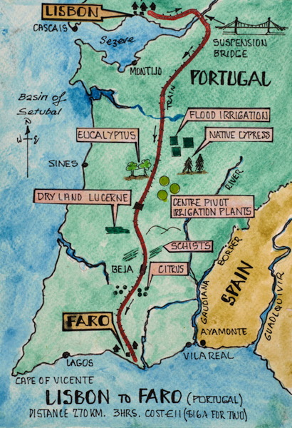 Map showing the train journey from Lisbon to Faro.