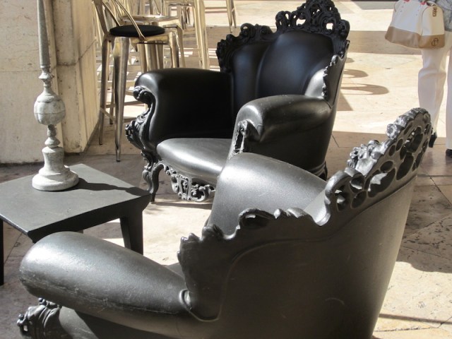 A closeup look at the plastic armchairs