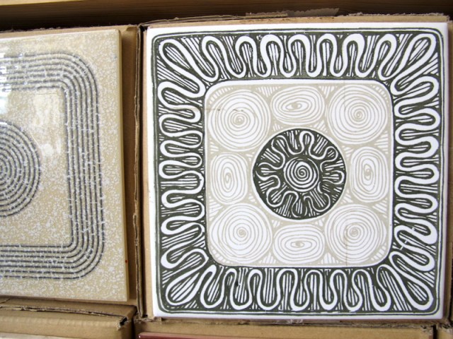 Closeup of one of the thousands of tile designs in the Cortico & Netos tile shop.