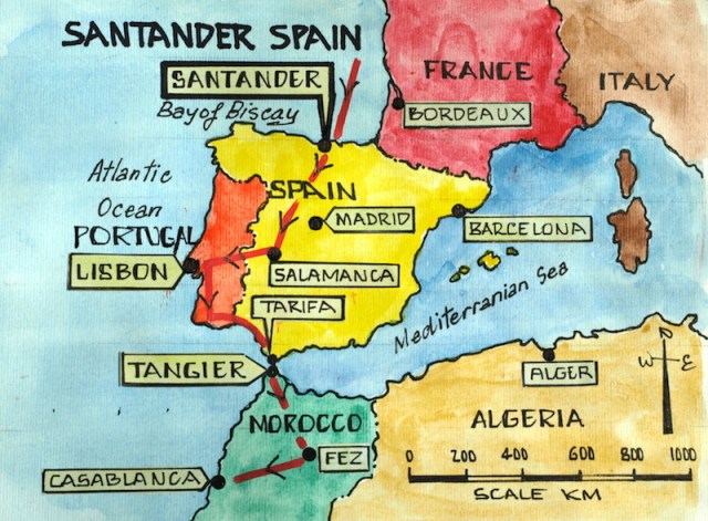 Map showing Santander’s place and our proposed route to Morocco. Our route is indicated by the red line with arrowheads. 