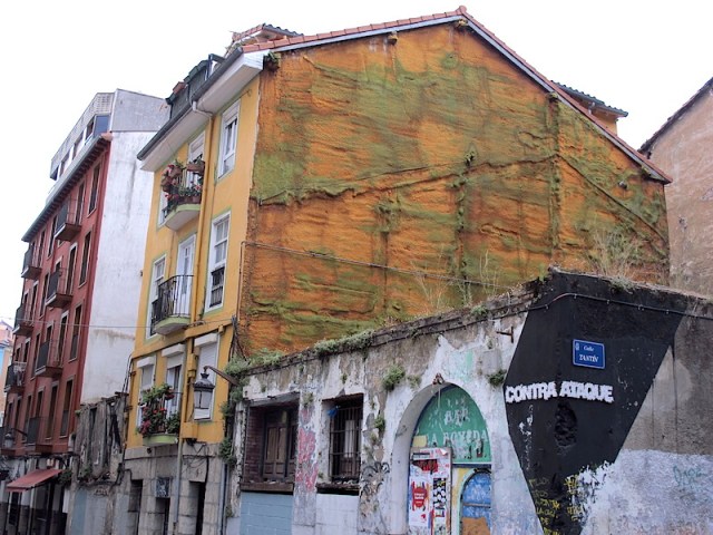 When a building is demolished the adjoining wall is sprayed with a sealer to stop moisture penetrating the exposed wall. Rather artistic and organic we thought. 