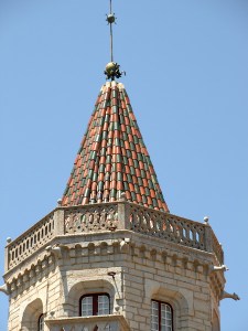 Glazed mission tiles in the vertical. Some very accurate cutting was involved here to accommodate the tapered spire.  