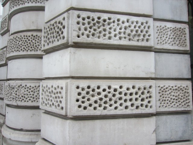 Ornate stippling on the corner of the bank.
