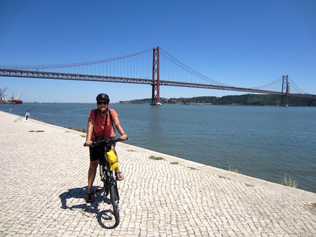 The 25th of April suspension bridge across the Tagus River Lisbon. Even at this distance the drone of traffic could be heard. 