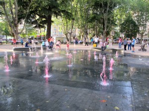 Colourful water fountains in the park opposite the hostel.  Kids delighted in running through the waterspouts. 