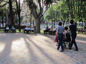 Afternoon shadows.  Promenading and sitting in the late afternoon sun and chatting is an important activity.  