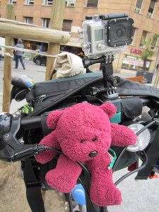 BBear securely strapped onto the handlebars of my bike ready to explore Salamanca.  Above BBear is a GoPro camera ready to record the events. 
