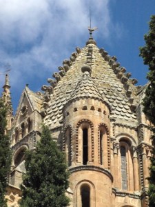 Closeup view of the Old Cathedral tower. 