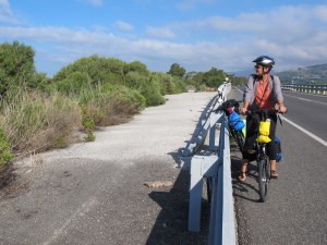 The old road (left of barrier) along which we travelled 42 years ago. 