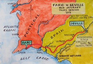 Map showing the route from Faro to Seville. 