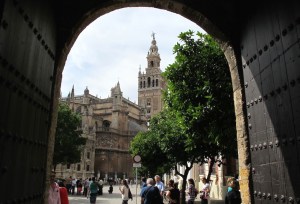 Looking out the exit gate of the Alcazar towards Seville’s cathedral.