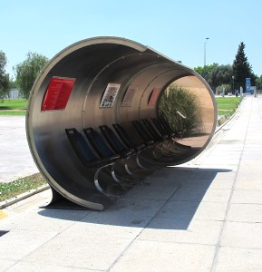 One of the exhibition installations, an innovative bus shelter at the Andalusian Centre for Contemporary Art. It has one mirror end. 