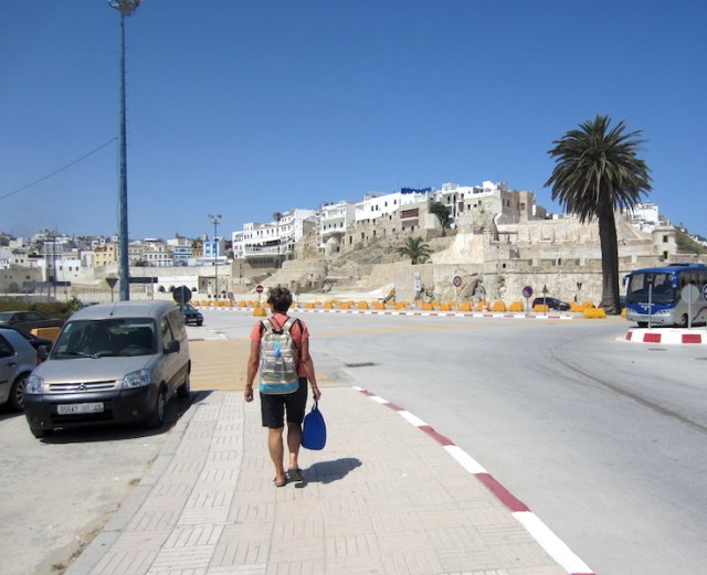 Bev travelling light and heading for the Tangier medina. 