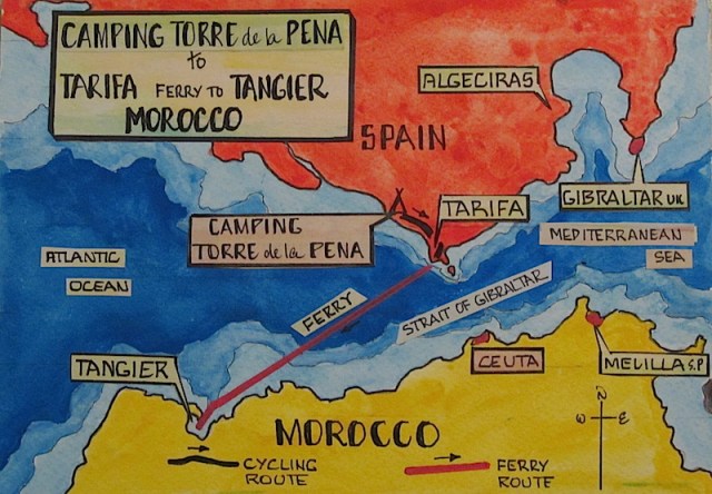 Map showing the Strait of Gibraltar. From Tarifa to Tangier it is 36km. The Strait of Gibraltar at its narrowest point is approximately 14km.