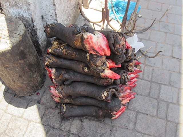 Prepared cow shins on the footpath ready for the market. This photograph was taken with some haste and therefore it is not as sharp as I would have liked. 