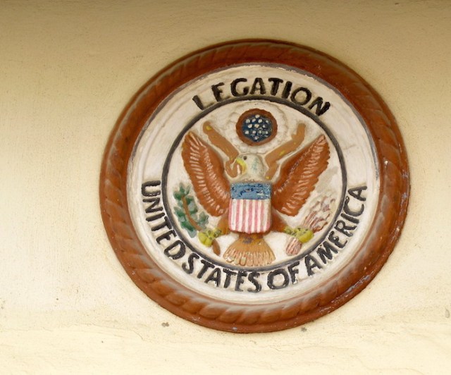 The coat of arms over the front door of the old legation. 