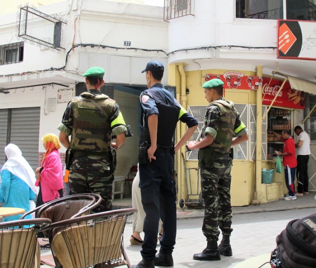 Group patrol, two military and one policeman, in Tangier. 