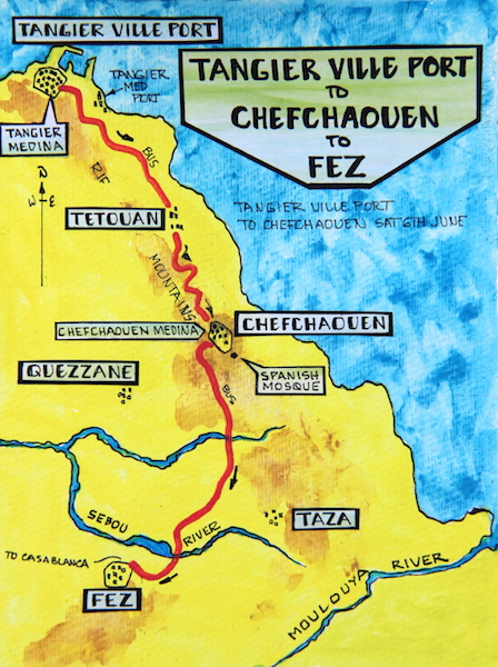 The distance from Chefchaouen to Fez is approximately 225 kilometres. 