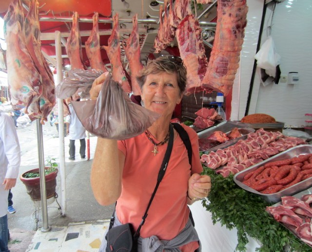 Bev the happy shopper. Meats are not refrigerated but hang in the open.