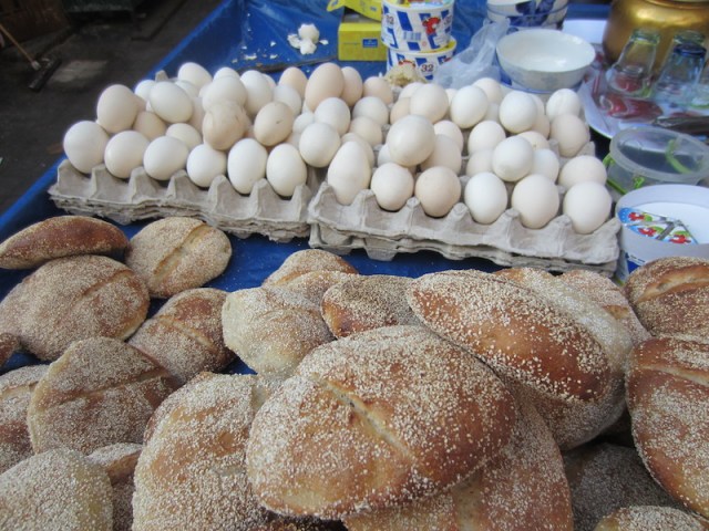 Boiled eggs and bread rolls. 