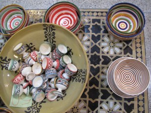 Beautifully decorated bowls and eggcups.