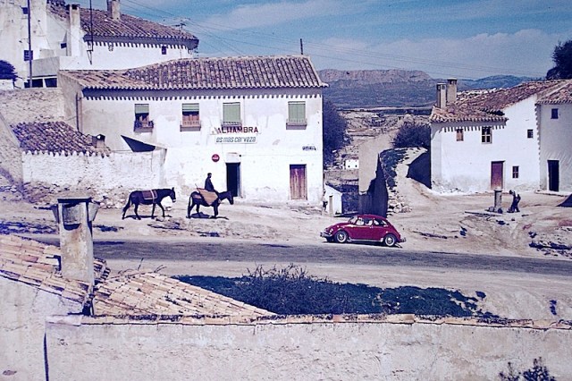 Our Beetle parked outside a bakery in a quiet Spanish village. 