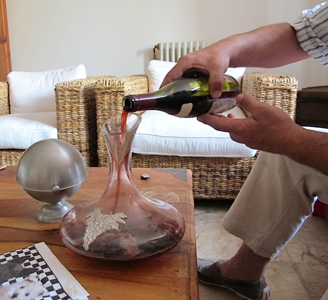 Decanting the wine. 