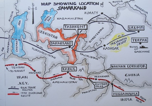 Samarkand is in Uzbekistan and is almost in the centre of the map to the south of Tashkent, the capital. 