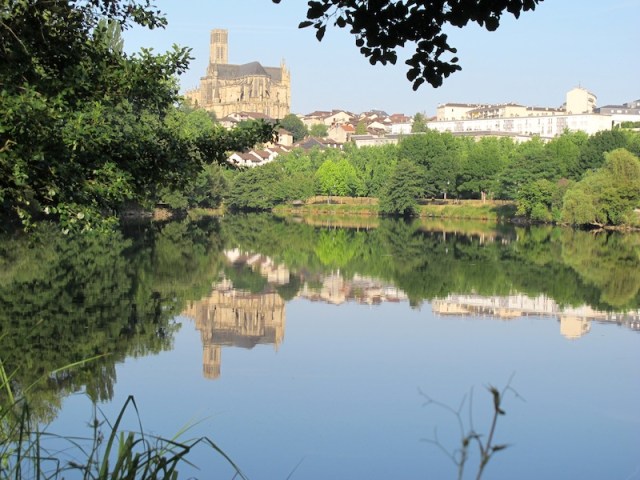 View across the Vienne River from one of the many bike paths. The church on the hill is the Cathedrale St Etienne de Limoges. 
