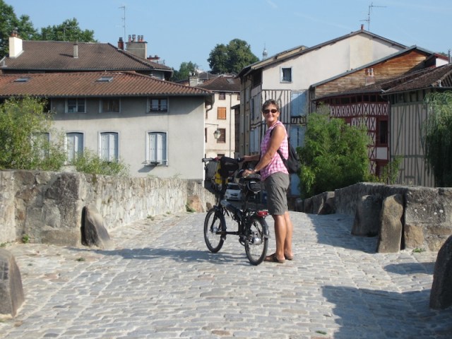 Bev crossing the St Martial Bridge from the ‘posh’ side of town, into the working class side. 