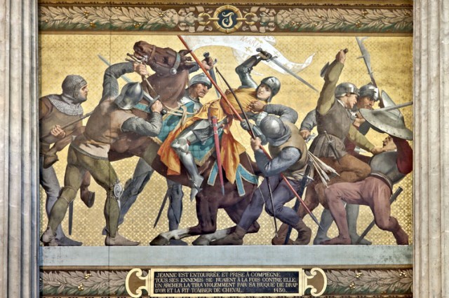 Joan being captured by Burgundian soldiers. Painting by E.J. Lenepveu (1886-1890) part of a frieze in the Pantheon Museum Paris. 