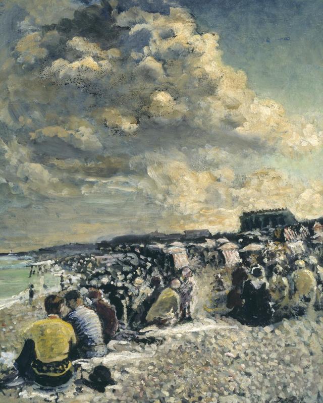 Summer crowds under beautifully painted clouds. August Morning, Dieppe Beach circa 1934 by Jacques-Emile Blanche (1861-1942). Image source: Released under creative commons Tate Gallery CC-BY-NC-ND. 