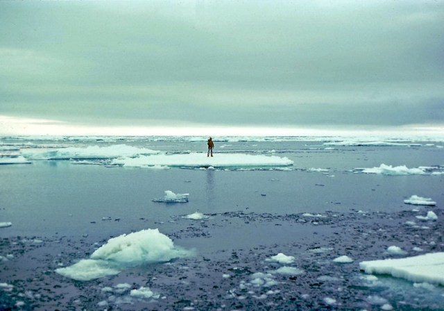 Ted with camera standing on a floating ice sheet. 