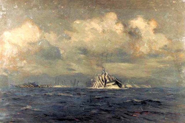 A painting by Norman Wilkinson of a 1918 vessel showing dazzle camouflage. Image credit: This image was created and released by the Imperial War Museum under an IWM Non Commercial License and is therefore available for non-commercial use. 