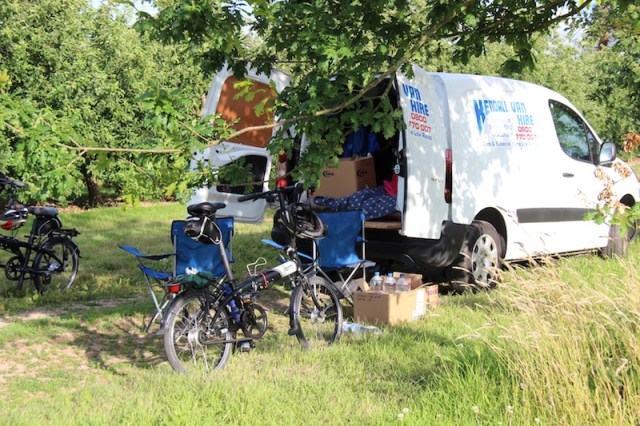 Camped under an oak tree in the orchard. 